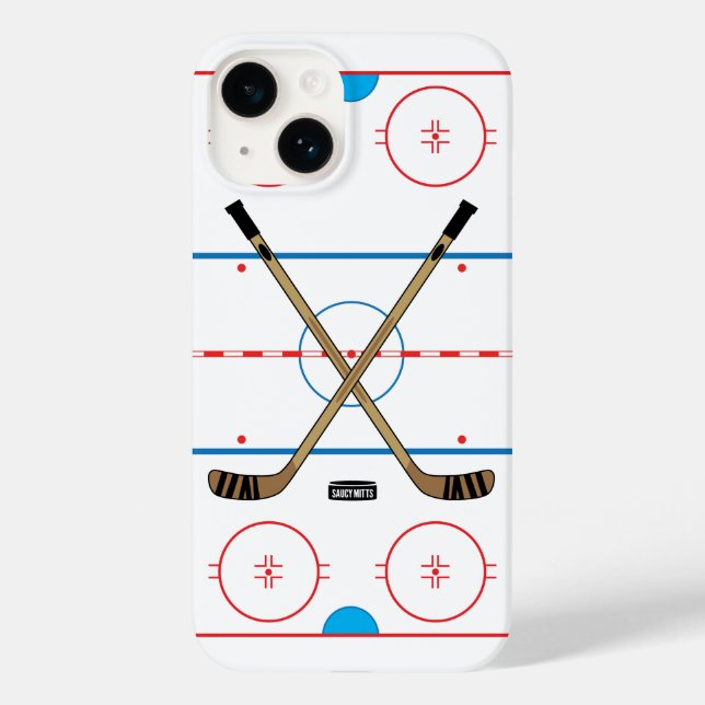 Hockeyschläger und Eishockeyschläger im Zentrum Case-Mate iPhone 14 Hülle (Rückseite)