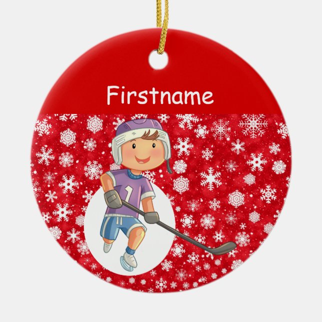 Hockeyverzierung für Junge - Roter Weißschnee Keramik Ornament (Vorne)