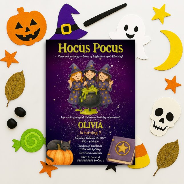 Hocus Pocus Halloween Geburtstagsparty Einladung (Hocus Pocus kids birthday / Halloween party invitation front)