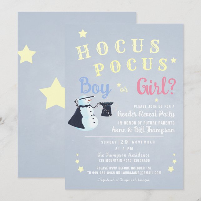Hocus Pocus Magic Snowman Winter Gender Reveal Einladung (Vorne/Hinten)