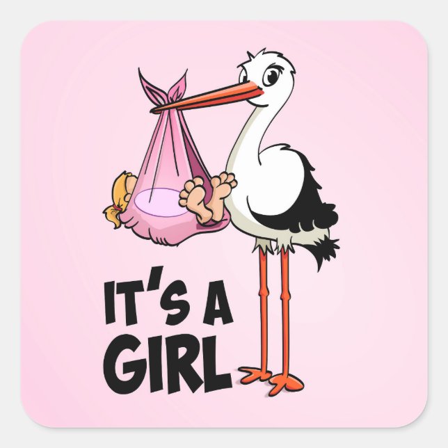 Hoera een meisje - ooievaar met baby  ronde sticke quadratischer aufkleber (Vorderseite)