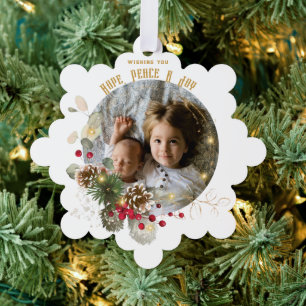 Hoffnung, Frieden, Freude Gold Rote Stechpalme Fot Ornament Karte