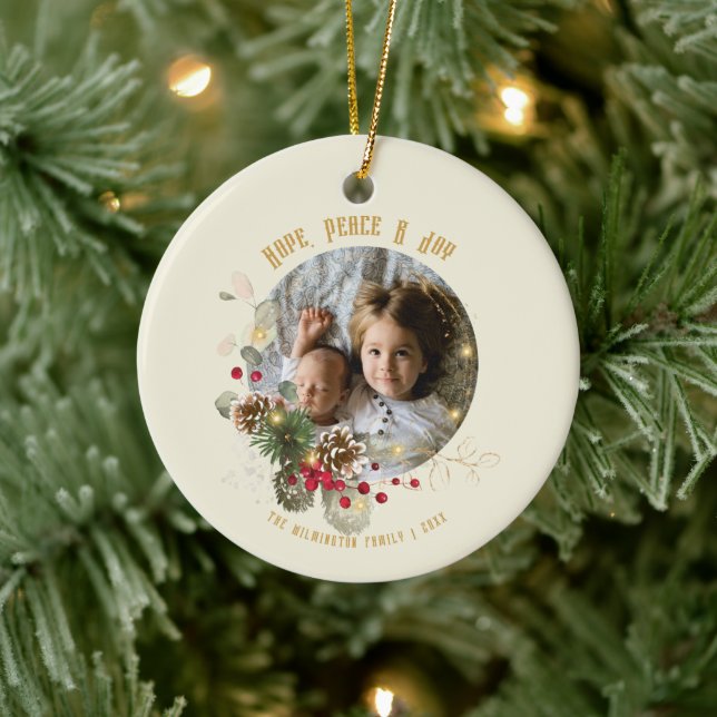 Hoffnung, Frieden, Joy Gold Red Holly Foto Keepake Keramik Ornament (Baum)