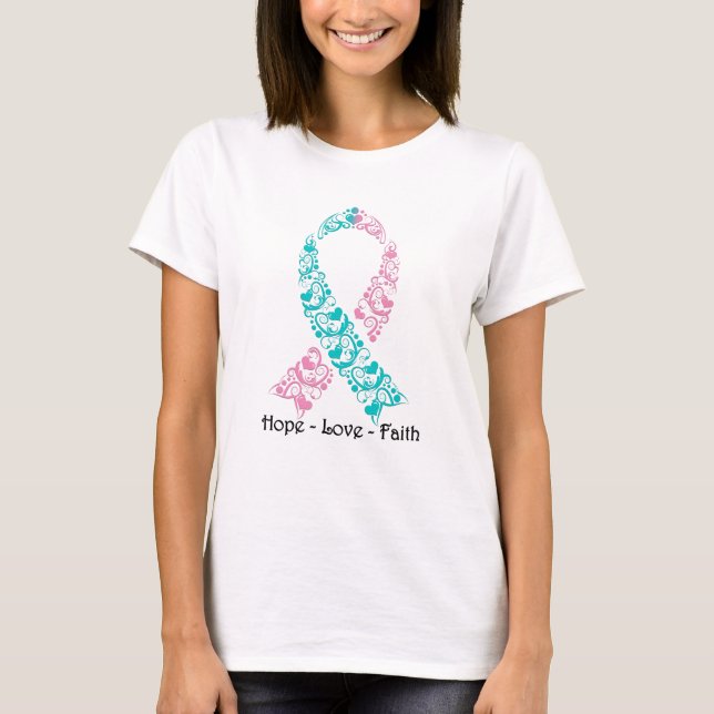 Hoffnungs-aquamarines und rosa Bewusstseins-Band T-Shirt (Vorderseite)