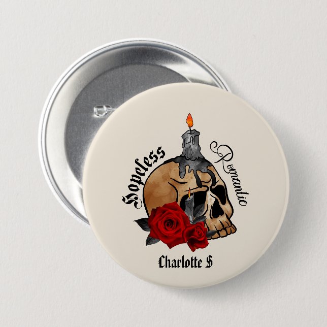 Hoffnungslose Romantik - Gotischer Schädel, Rote R Button (Vorne & Hinten)