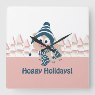 Hoggy Holidays! Niedliches Winterschwein Quadratische Wanduhr