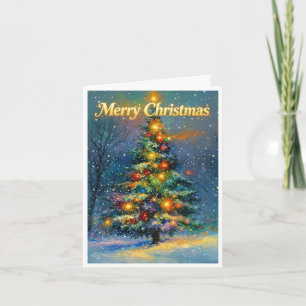 Hoher Weihnachtsbaum mit froher Weihnacht Karte