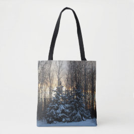 Hoher weiße Fichte-Winter-goldener Sonnenuntergang Tasche