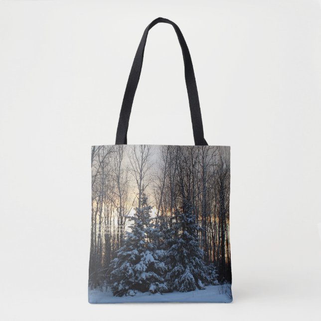 Hoher weiße Fichte-Winter-goldener Sonnenuntergang Tasche (Vorderseite)