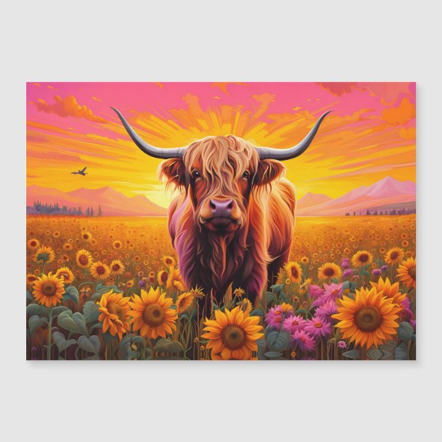 Höhere Kuh in Sonnenblumen - Sonnenaufgang Magnetk Magnetkarte (Vorderseite)