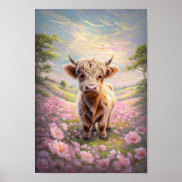Höhere Kuh, umgeben von blütenrosa Blume Poster