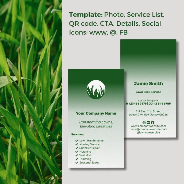 Höhere Lebensweise Benutzerfreundliche Pflege des  Visitenkarte (Elevating Lifestyles Custom Green Lawn Care Business Card, Grass Logo, Slogan, Service List)