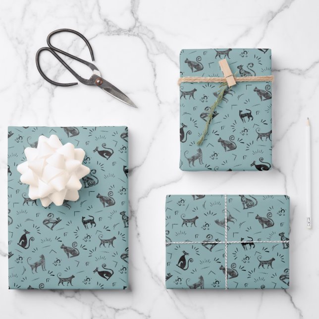 Höhlenkunst Katzen auf Hellgrau Cyan Geschenkpapier Set (Vorderseite)