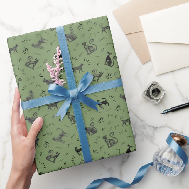 Höhlenkunstkatzen auf Grün Geschenkpapier (Schenken)