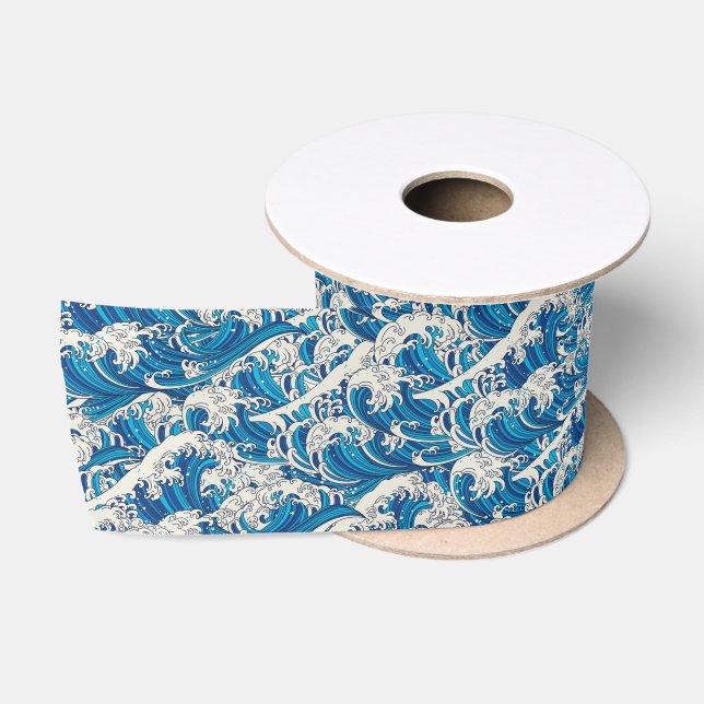 Hokusai, die Great Wave Pattern Nautical Blue Well Satinband (Spule)