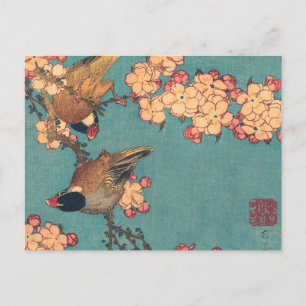Hokusai Dompfaff und Kirschblüte Vintage Vogel Postkarte