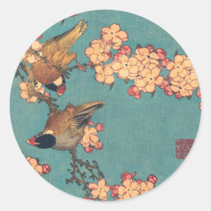 Hokusai Dompfaff und Kirschblüte Vintage Vogel Runder Aufkleber