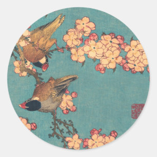 Hokusai Dompfaff und Kirschblüte Vintage Vogel Runder Aufkleber
