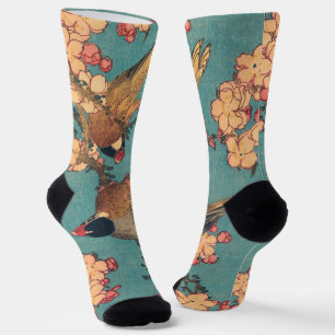 Hokusai Dompfaff und Kirschblüte Vintage Vogel Socken