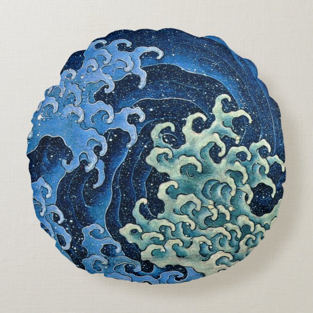 Hokusai Feminine Wave Vintager Ozean Rundes Kissen (Vorderseite)