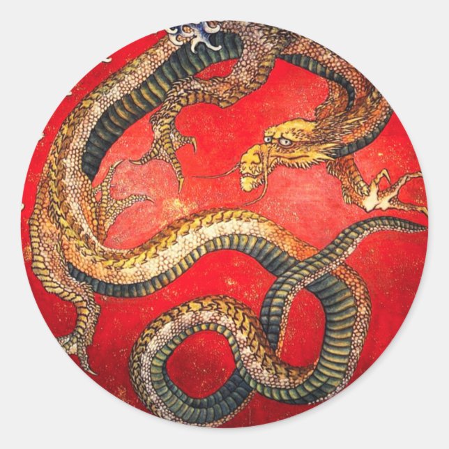 Hokusai Gold Japanischer Drache Runder Aufkleber (Vorderseite)