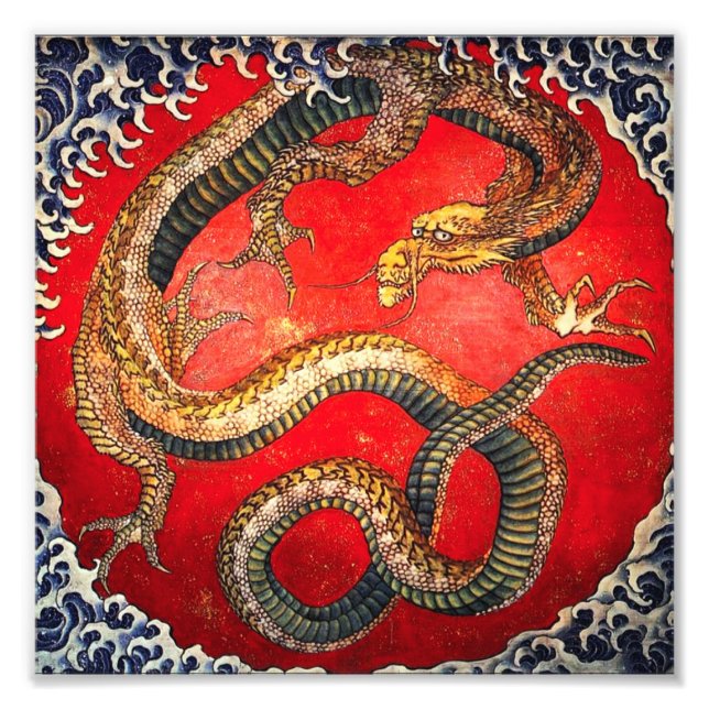 Hokusai Gold Japanischer Dragon Print Fotodruck (Vorne)