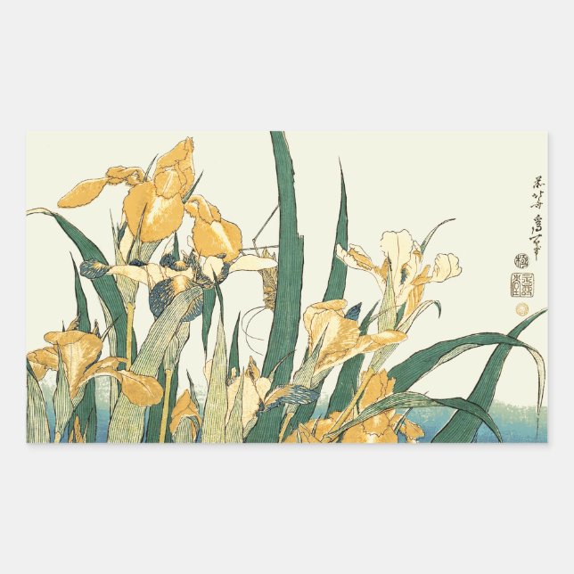 Hokusai Grasshopper und Iris Japan Rechteckiger Aufkleber (Vorderseite)