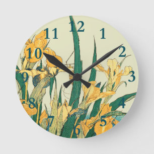 Hokusai Grasshopper und Iris Japan Runde Wanduhr