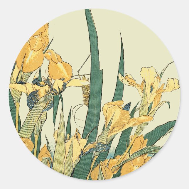 Hokusai Grasshopper und Iris Japan Runder Aufkleber (Vorderseite)