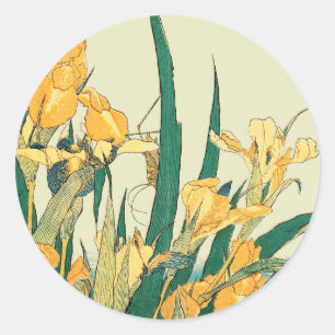 Hokusai Grasshopper und Iris Japan Runder Aufkleber