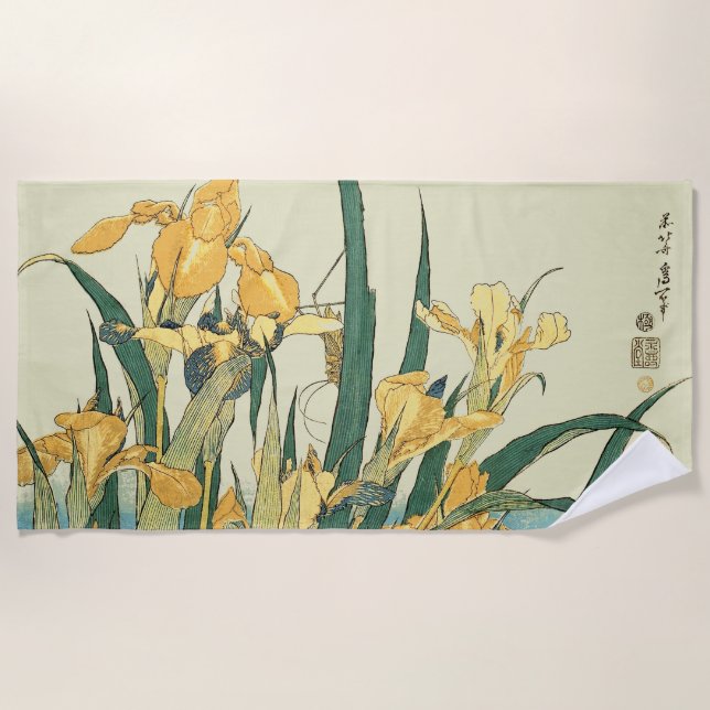 Hokusai Grasshopper und Iris Japan Strandtuch (Vorderseite)