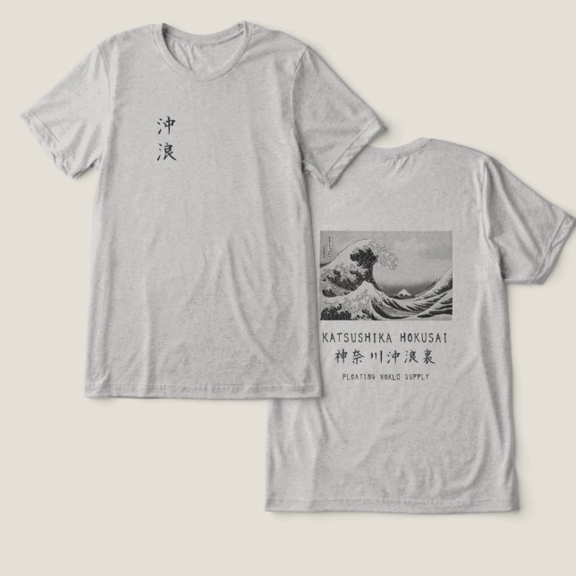 Hokusai Great Wave Minimalist Japanese Art Gray Tri-Blend Shirt (Design Vorderseite & Rückseite)