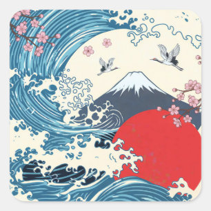 Hokusai Große Welle Retro Japanische Kunst Quadratischer Aufkleber