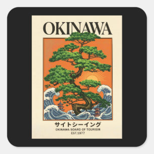 Hokusai Große Welle Retro Japanische Okinawa Bonsa Quadratischer Aufkleber