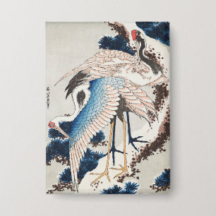 Hokusai Japanische Kunst Zwei Kraniche Schneebedec Button