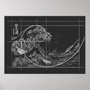 Hokusai Meets Fibonacci linear schwarz-weiß Poster