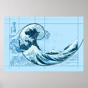 Hokusai trifft Fibonacci, blaues Poster