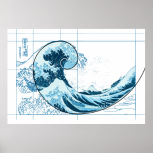 Hokusai trifft Fibonacci, blaues Poster
