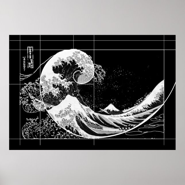 Hokusai trifft Fibonacci, Schwarz und Weiß Poster (Vorne)