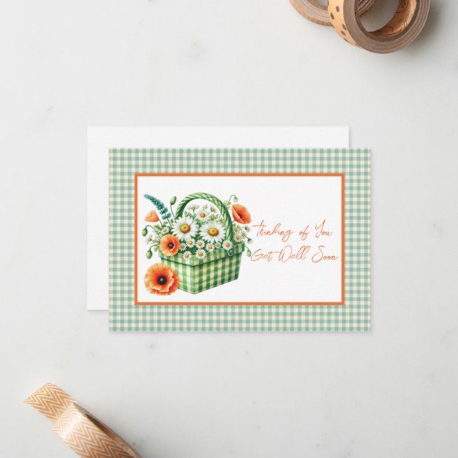 Hol bald Blume Basket Green Gingham Mitteilungskarte (Vorderseite/Rückseite Beispiel)