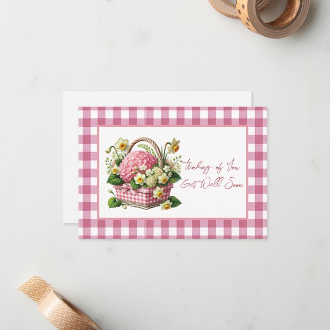 Hol bald Blume Basket Pink Gingham Mitteilungskarte (Vorderseite/Rückseite Beispiel)