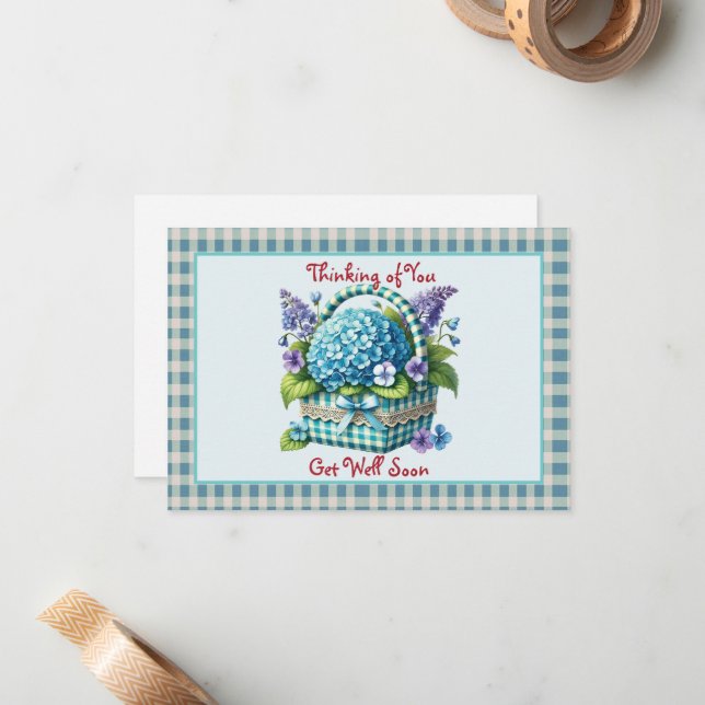 Hol bald Blume Basket Türkis Gingham Mitteilungskarte (Vorderseite/Rückseite Beispiel)