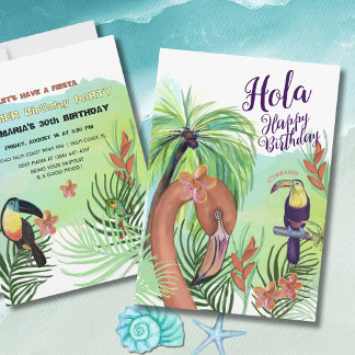 Hola Happy Birthday - Tropical Flamingo Toucan Einladung