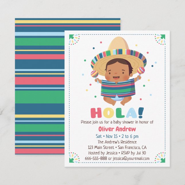 Hola mexikanische Jungen-Fiesta-Babyparty Einladung (Vorne/Hinten)