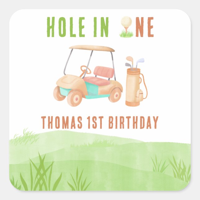 Hole In One First Birthday Party Quadratischer Aufkleber (Vorderseite)