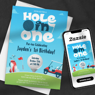 Hole In One Par-Tee Grün Blau Golf Geburtstagsfeie Einladung