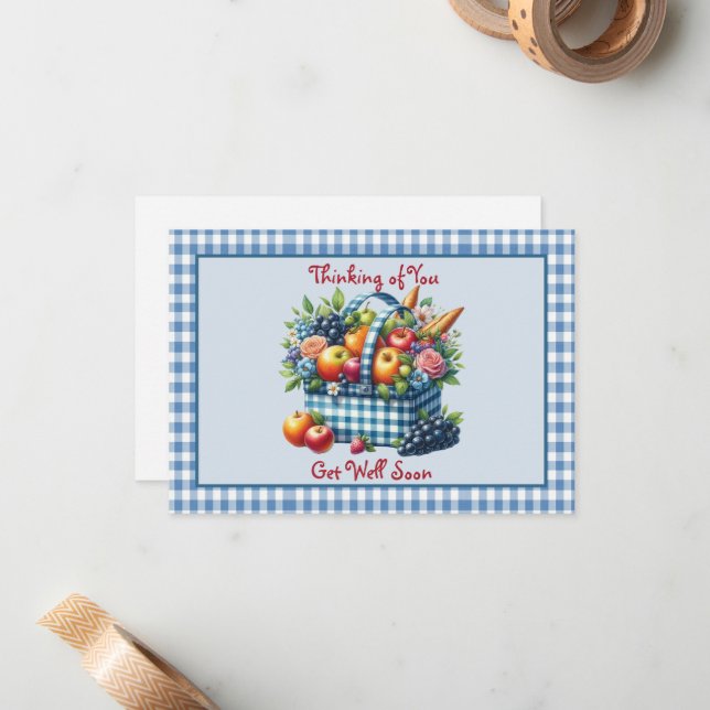 Holen Sie sich bald Früchte Basket Blue Gingham Mitteilungskarte (Vorderseite/Rückseite Beispiel)