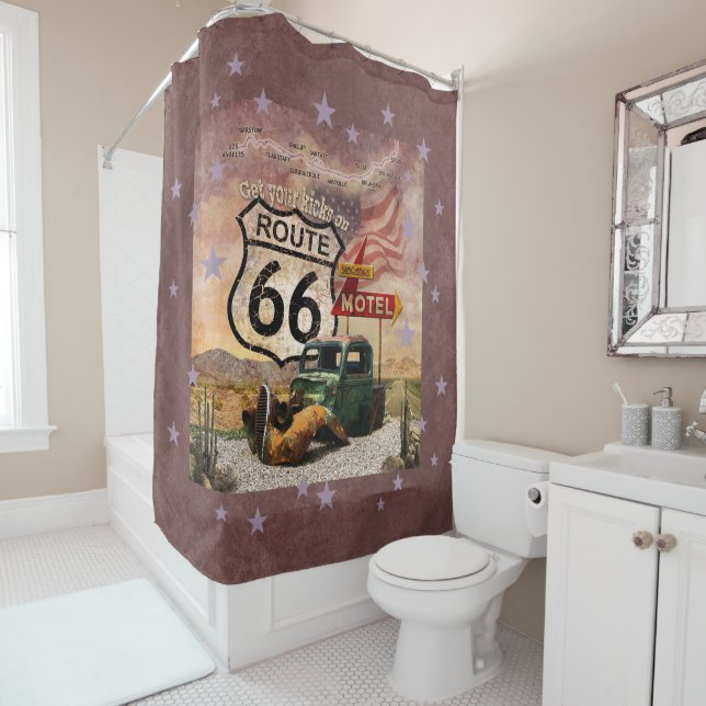 Holen Sie sich Ihre Kicks auf Route 66 Duschvorhang (Beispiel)