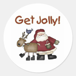 Holen Sie sich Jolly Santa und Reindeer Runder Aufkleber