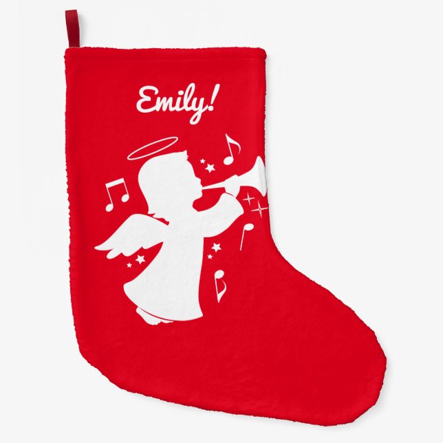 Holiday Angel blasing Trumpet Name individuell ein Großer Weihnachtsstrumpf (Vorderseite)